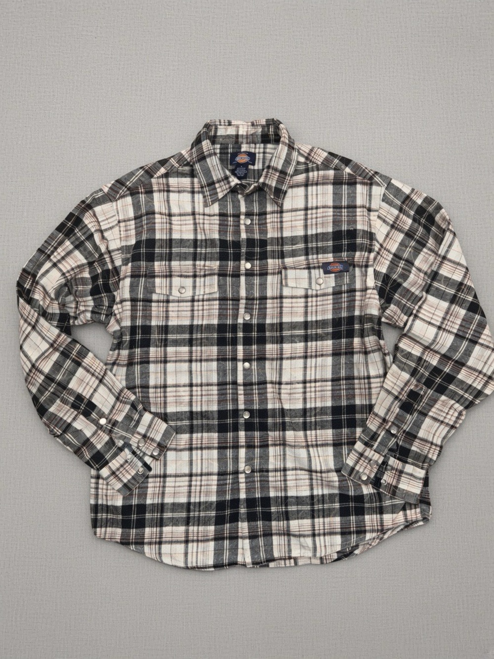 Dickies Plaid Button-Down Shirt With Pearl Snaps in Black, White & Brown